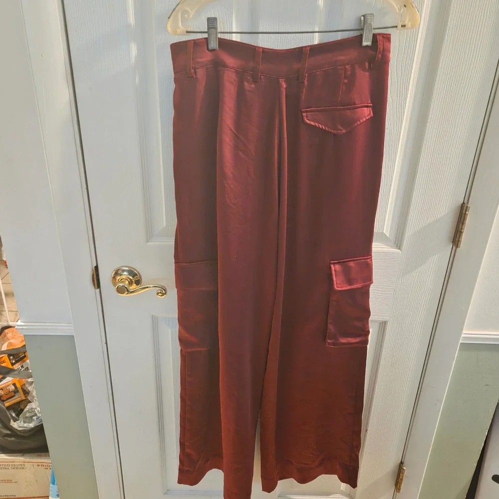LNA Clothing The Lou Burgundy Satin Wide Leg Cargo Pocket Pants Wine Red Medium
